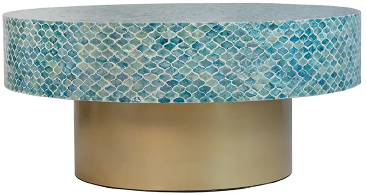 Piki 35 Inch Coffee Table, Round, Mughal Capiz Inlaid Pattern, Blue, Gold  - Benzara