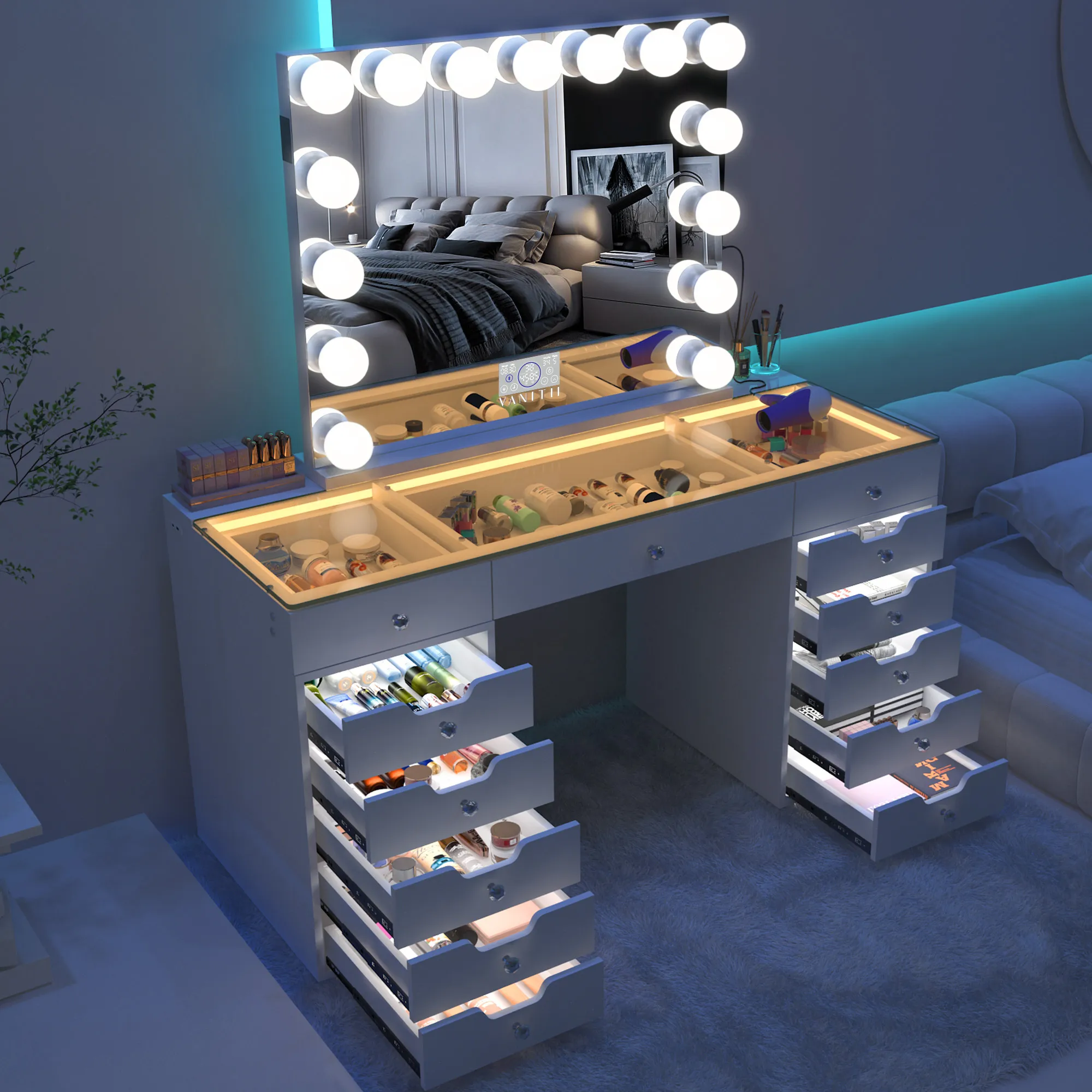 VANITII 13 Drawers Modern Makeup Vanity Desk Dressers with  Lights for Bedroom White Finish with 15 LED Bulbs Mirror