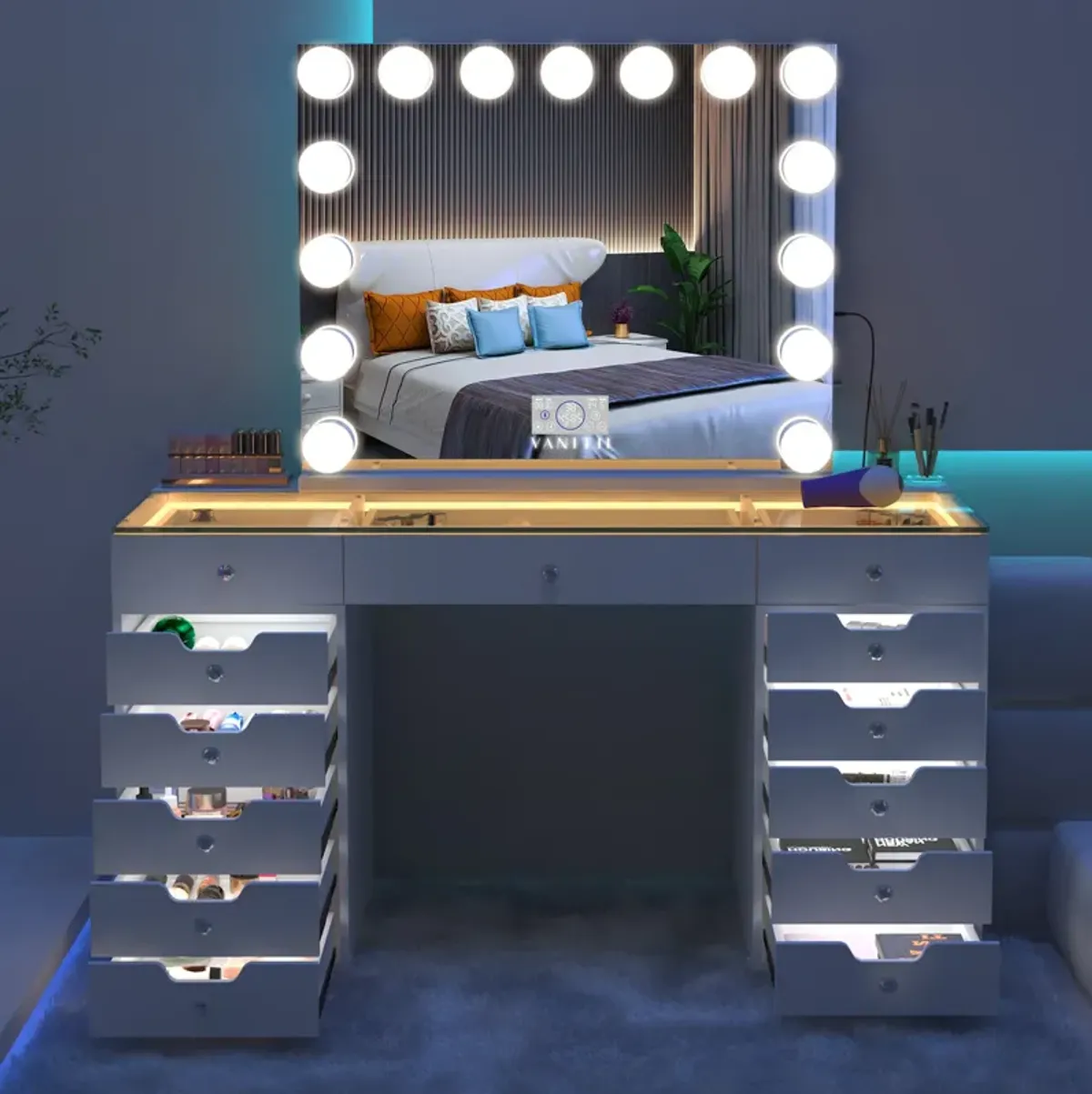 VANITII 13 Drawers Modern Makeup Vanity Desk Dressers with  Lights for Bedroom White Finish with 15 LED Bulbs Mirror  (Installation not included)