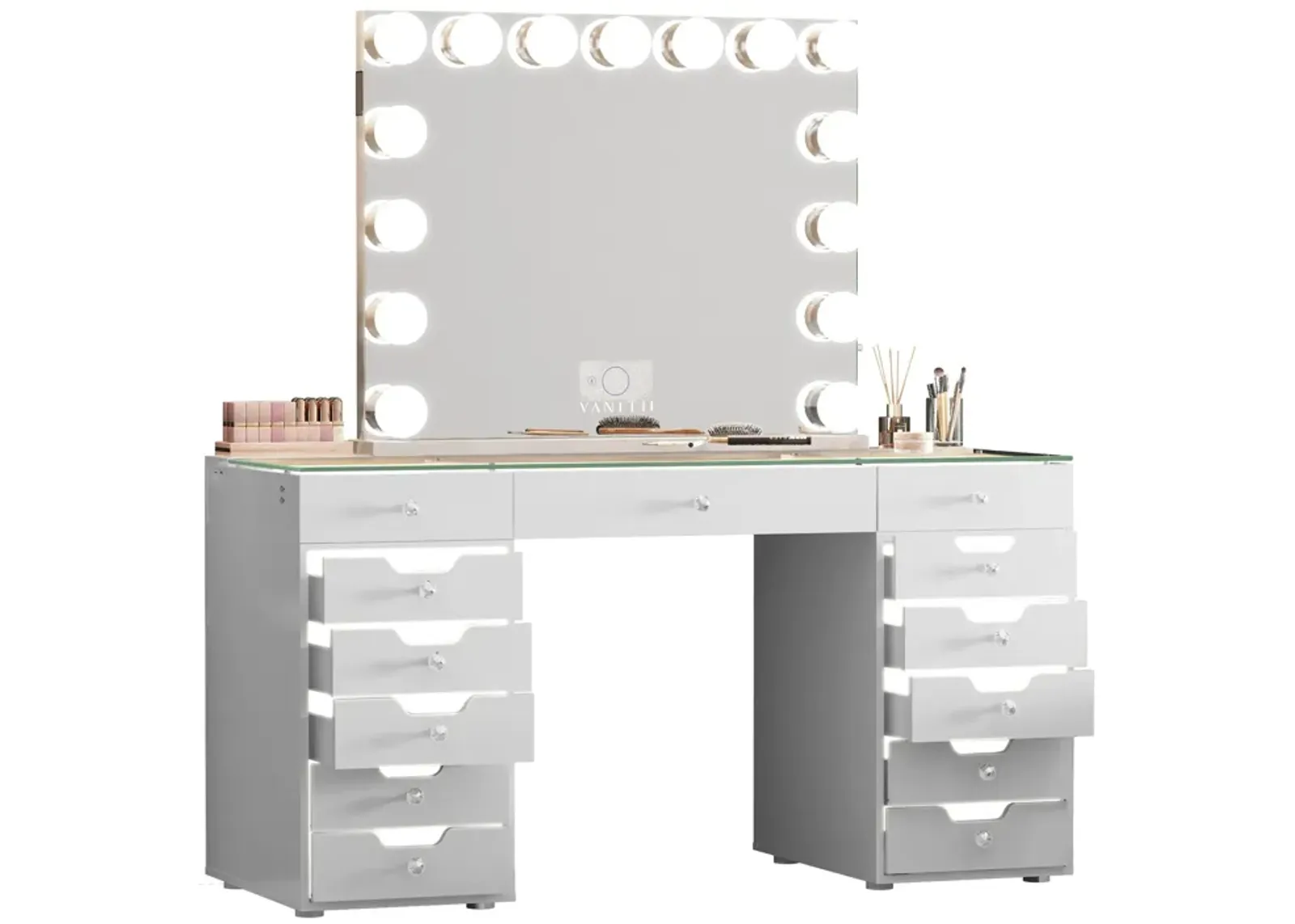 VANITII 13 Drawers Modern Makeup Vanity Desk Dressers with  Lights for Bedroom White Finish with 15 LED Bulbs Mirror  (Installation not included)