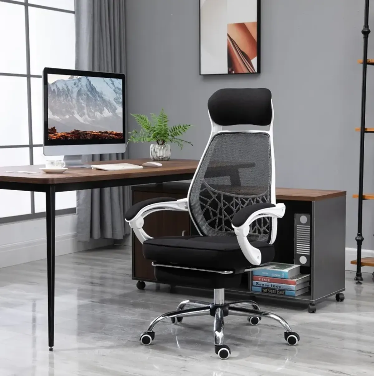 Black/White Executive Chair: High Back 360° Swivel Recliner with Footrest