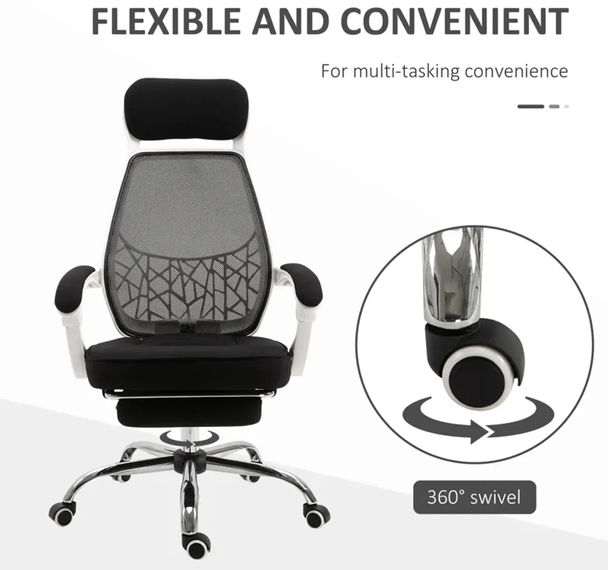 Black/White Executive Chair: High Back 360° Swivel Recliner with Footrest