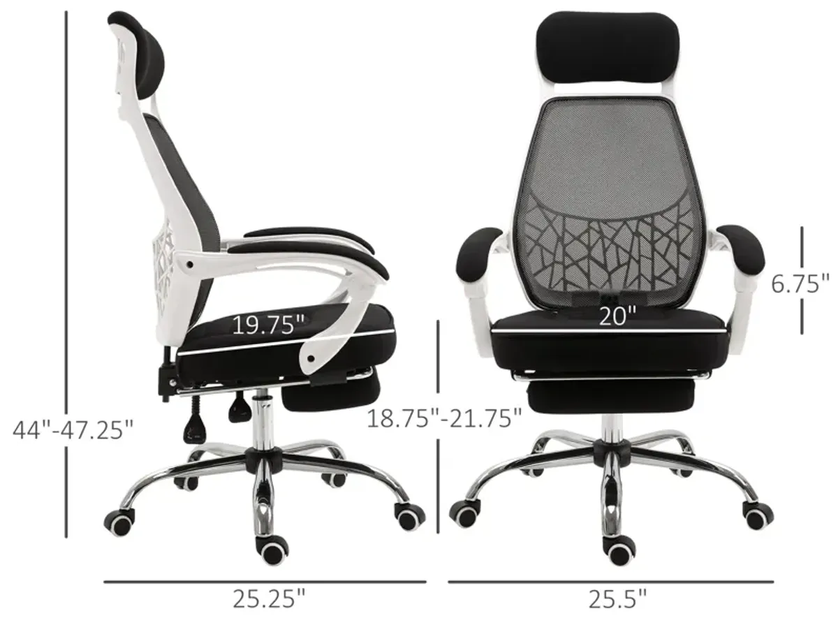 Black/White Executive Chair: High Back 360° Swivel Recliner with Footrest