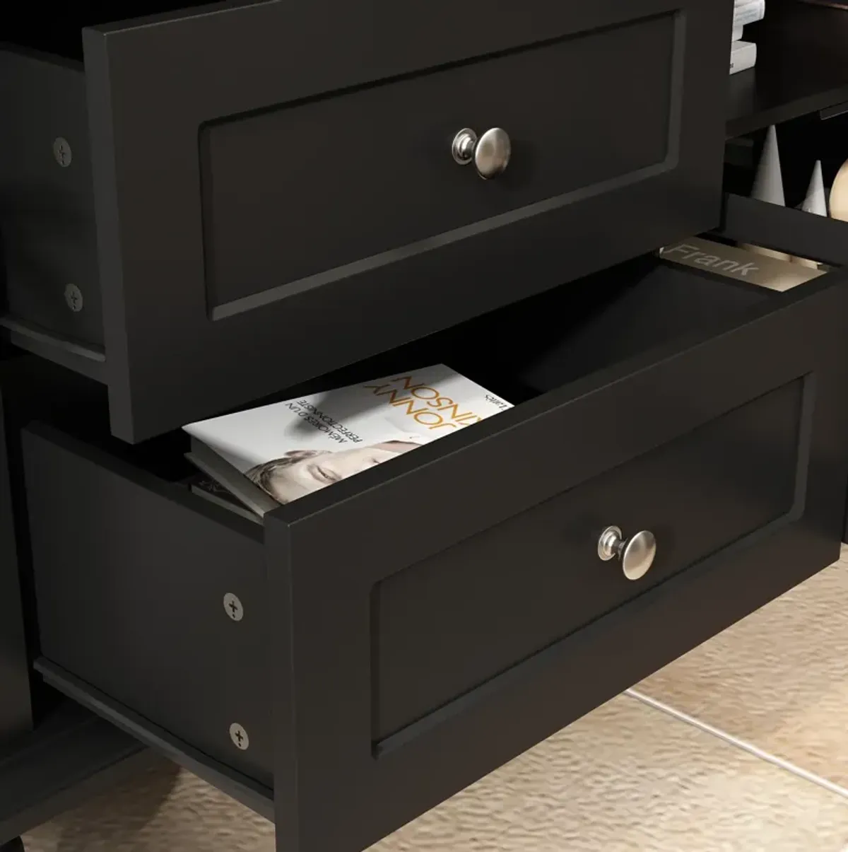 FUFU&GAGA Classic TV Stand with Glass Doors and Storage Drawers, (70.9" L x 13.8" W x 21.5" H),Black