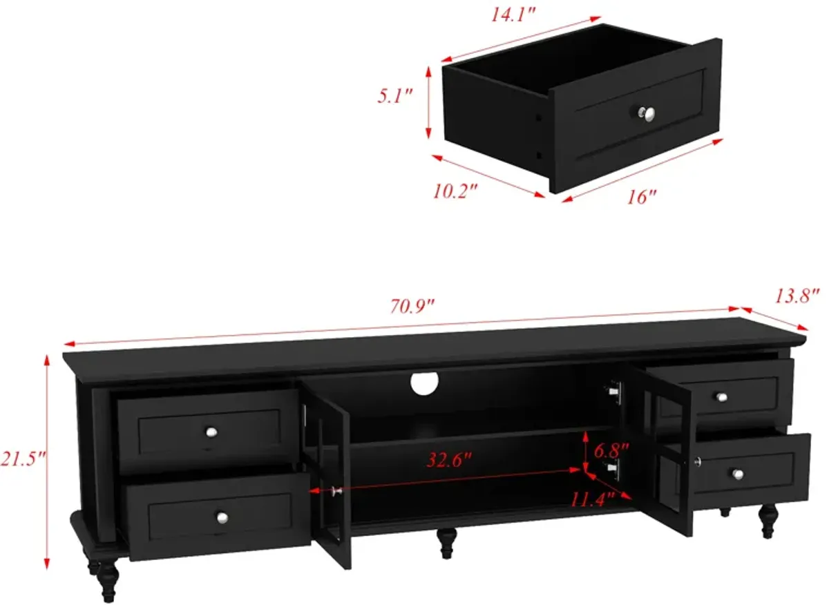 FUFU&GAGA Classic TV Stand with Glass Doors and Storage Drawers, (70.9" L x 13.8" W x 21.5" H),Black