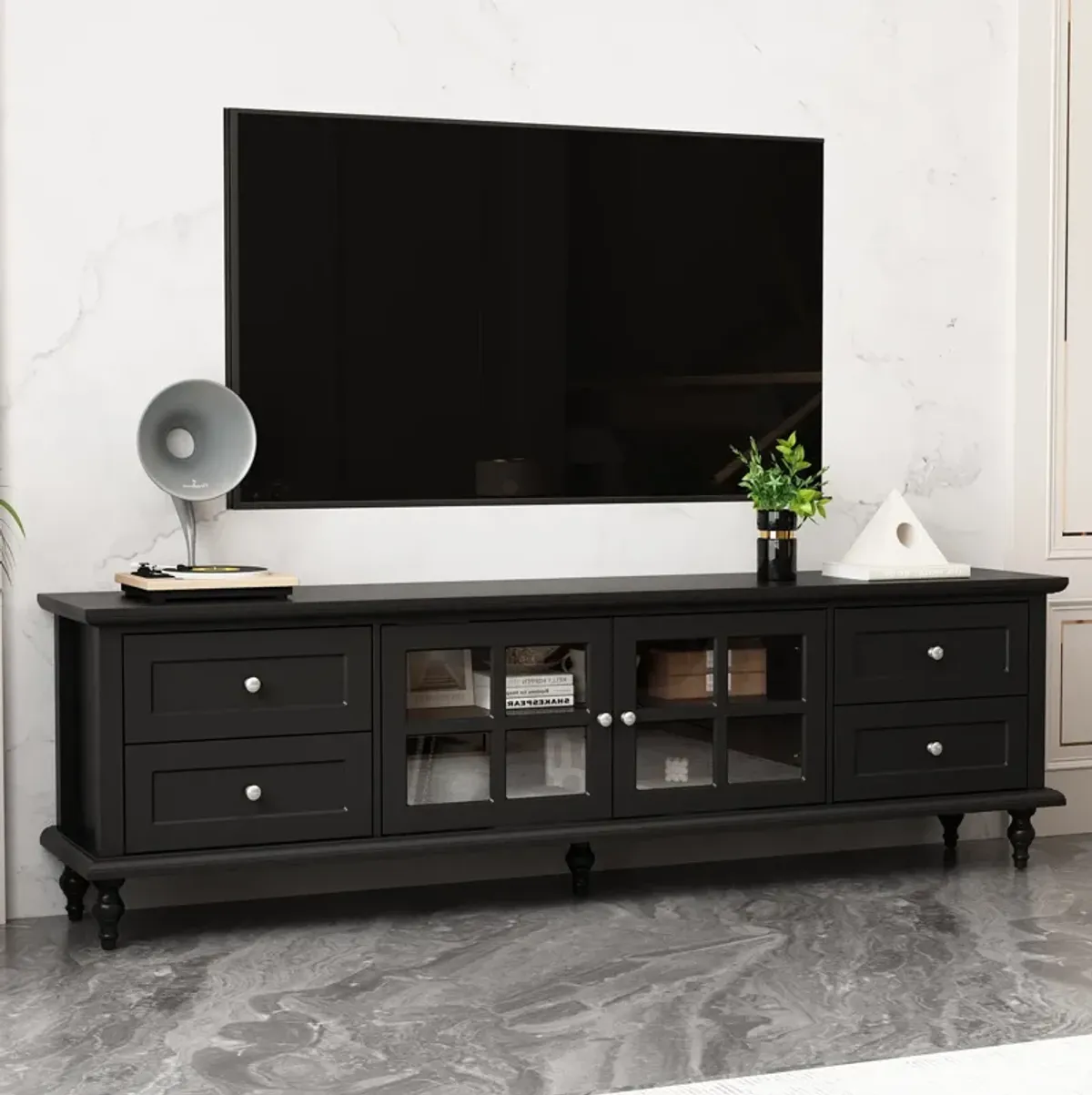 FUFU&GAGA Classic TV Stand with Glass Doors and Storage Drawers, (70.9" L x 13.8" W x 21.5" H),Black