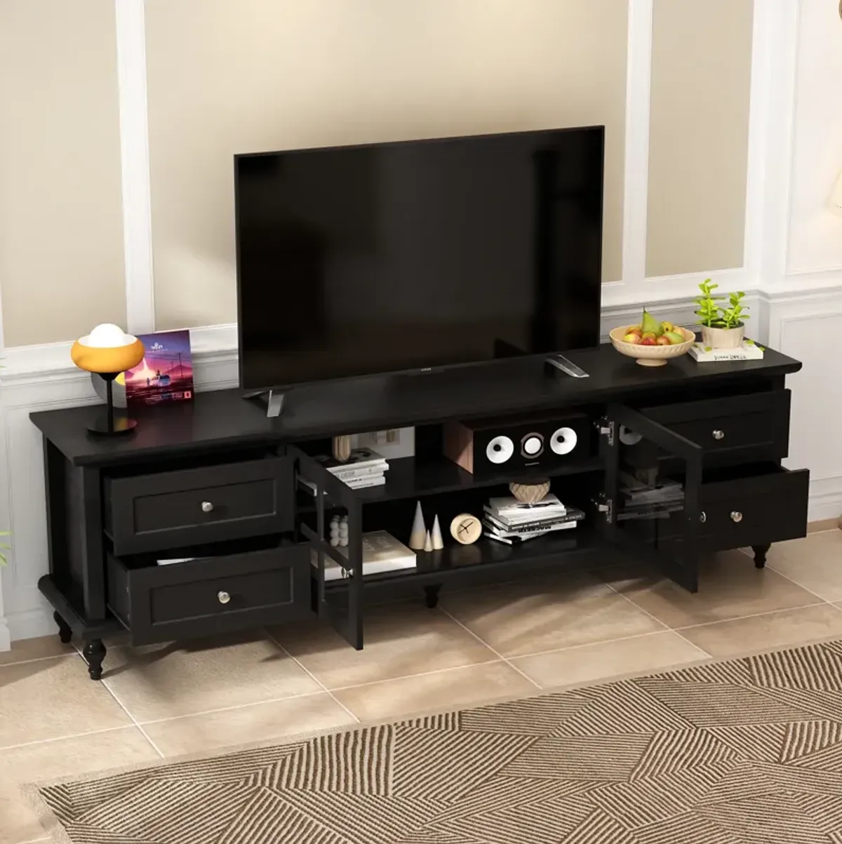 FUFU&GAGA Classic TV Stand with Glass Doors and Storage Drawers, (70.9" L x 13.8" W x 21.5" H),Black