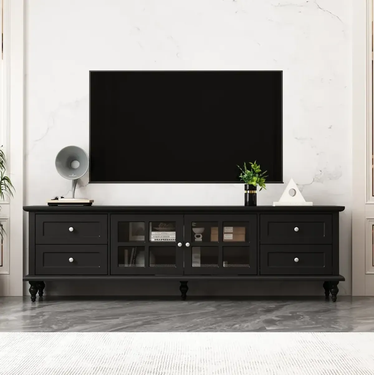 FUFU&GAGA Classic TV Stand with Glass Doors and Storage Drawers, (70.9" L x 13.8" W x 21.5" H),Black