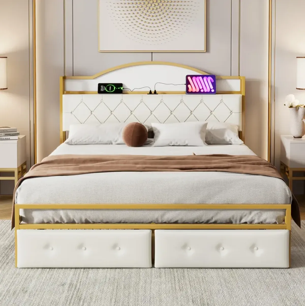 Merax Metal Platform Bed With  Storage Headboard