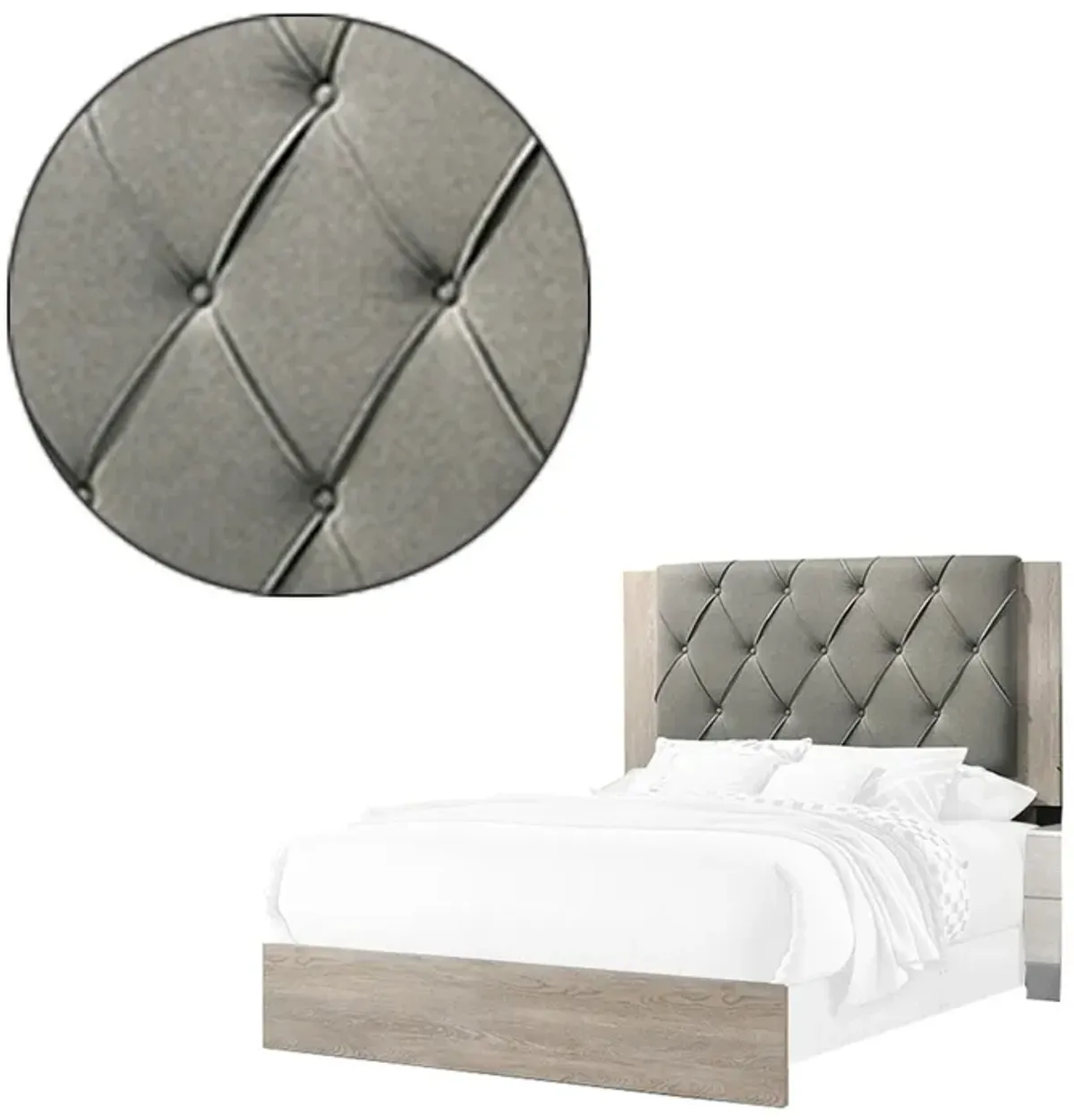 Wooden Queen Bed with Button Tufted Upholstered Headboard, Gray and Cream-Benzara