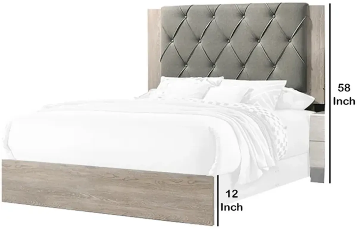 Wooden Queen Bed with Button Tufted Upholstered Headboard, Gray and Cream-Benzara