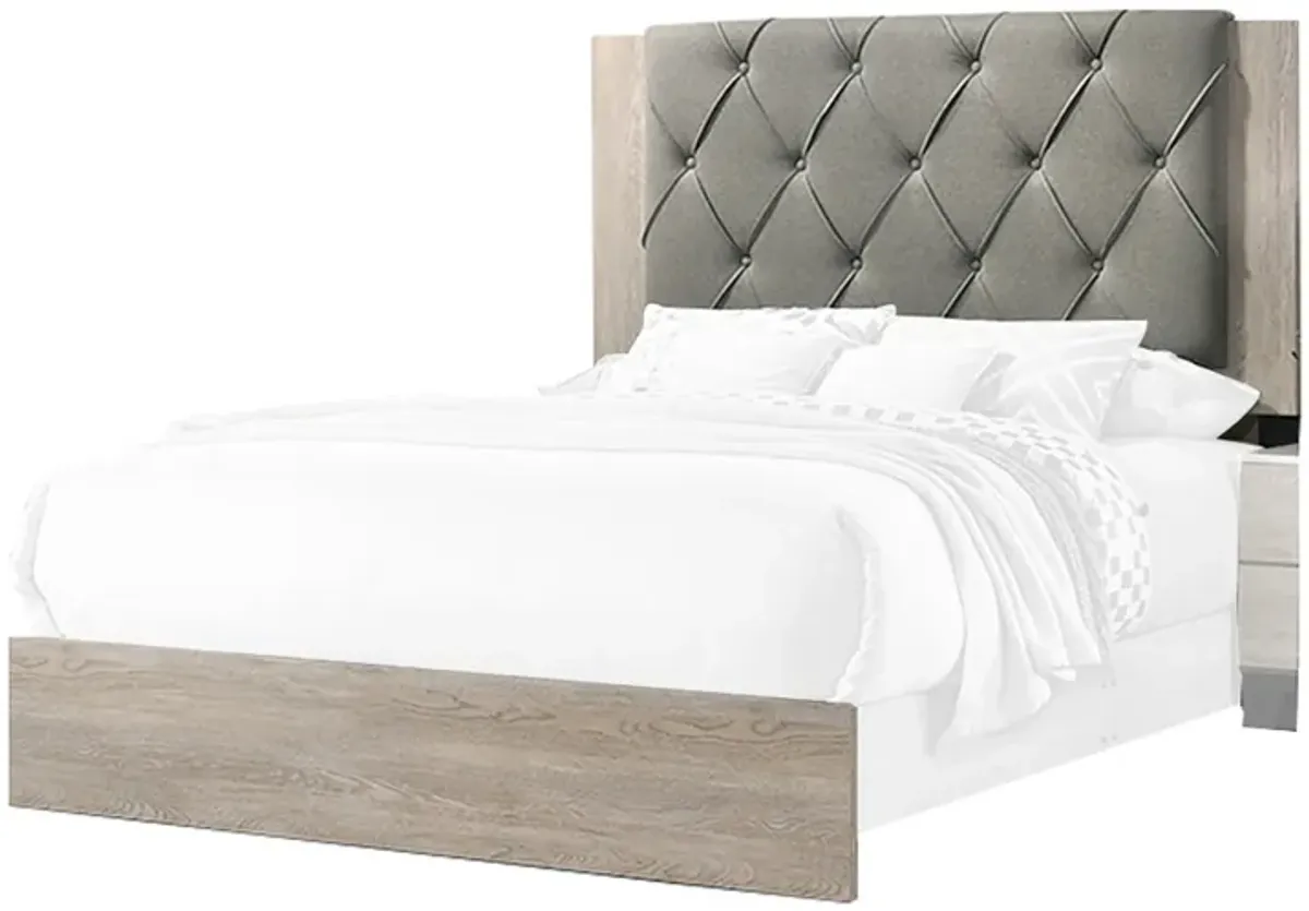 Wooden Queen Bed with Button Tufted Upholstered Headboard, Gray and Cream-Benzara