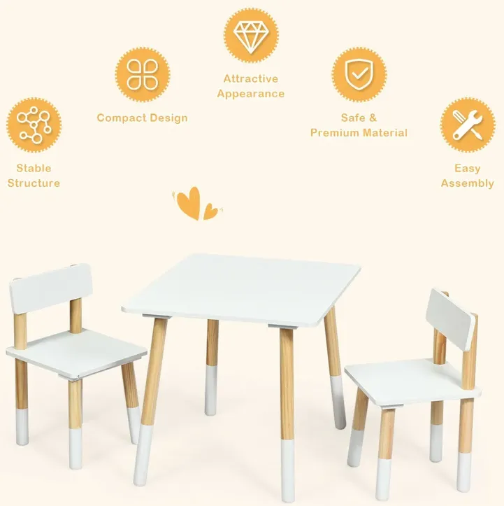 Kids Wooden Table and 2 Chairs Set-White