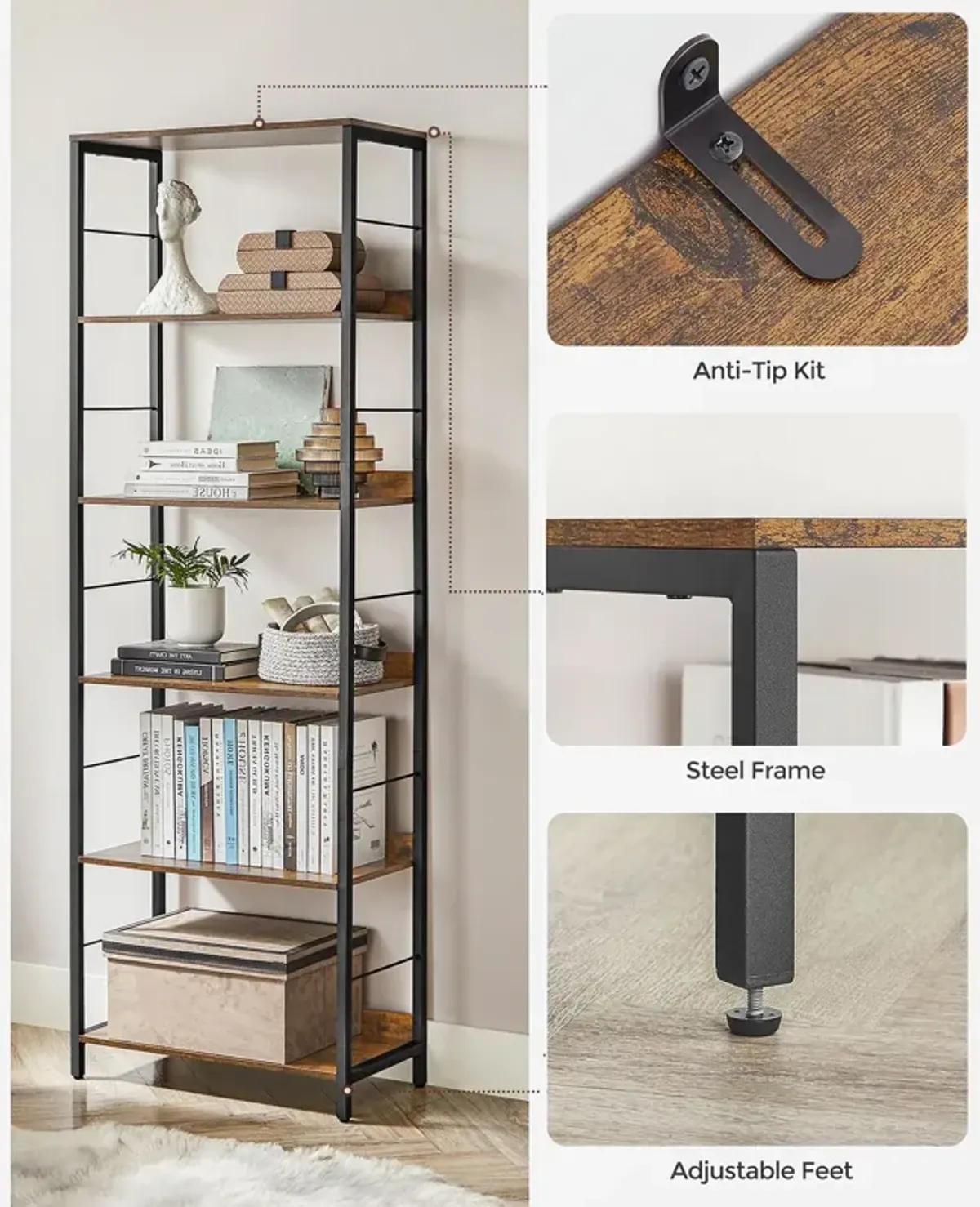 6-Tier Industrial Bookshelf with Metal Frame for Modern Home Storage