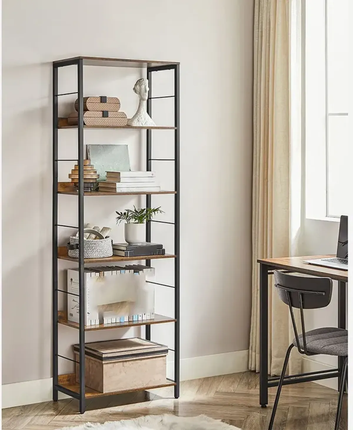 6-Tier Industrial Bookshelf with Metal Frame for Modern Home Storage