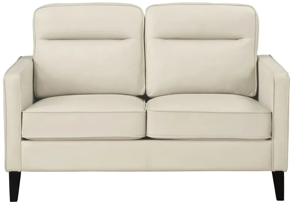 Joey Loveseat, Ivory Faux Leather, Modern Track Arms, Hardwood, 53 Inch - Benzara