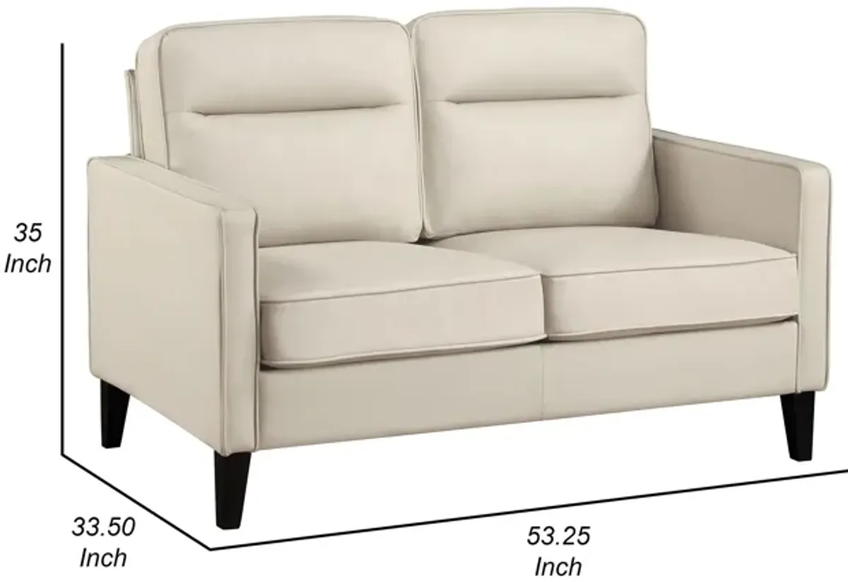 Joey Loveseat, Ivory Faux Leather, Modern Track Arms, Hardwood, 53 Inch - Benzara