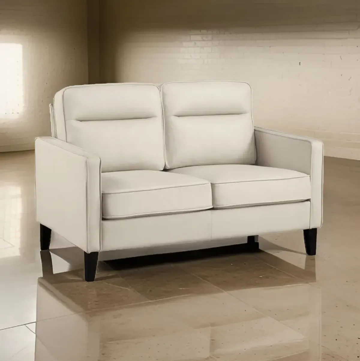 Joey Loveseat, Ivory Faux Leather, Modern Track Arms, Hardwood, 53 Inch - Benzara