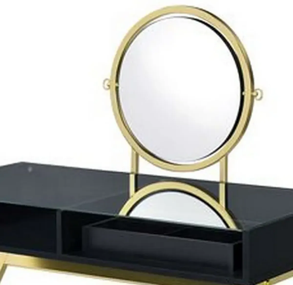 Vanity Desk with Round Mirror and Cross Metal Legs, Black and Gold-Benzara