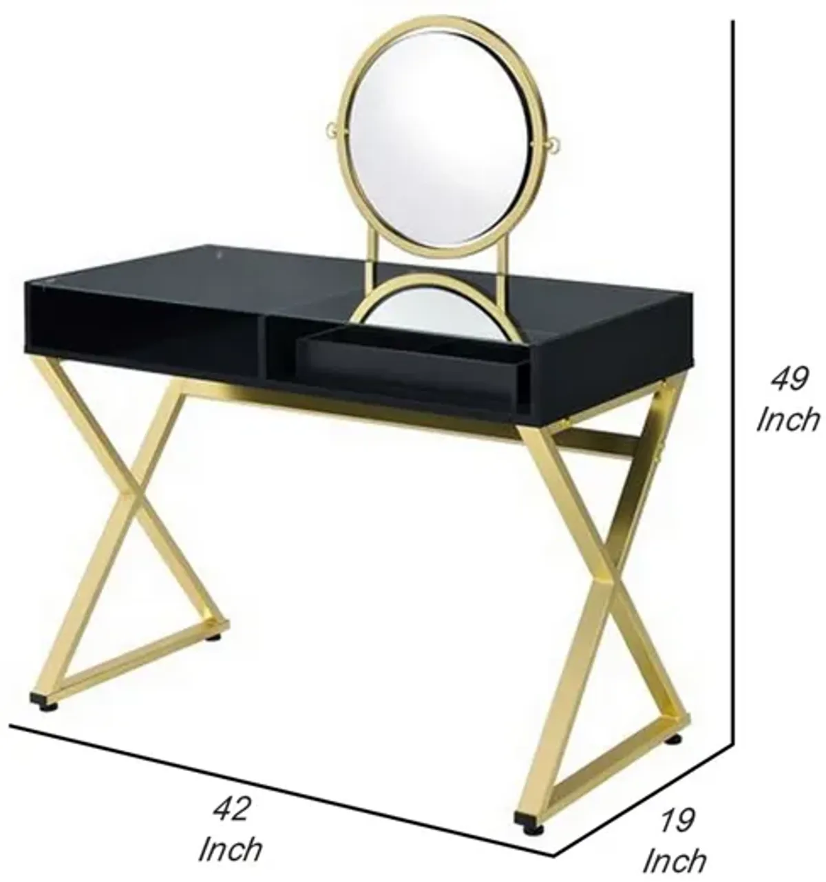 Vanity Desk with Round Mirror and Cross Metal Legs, Black and Gold-Benzara