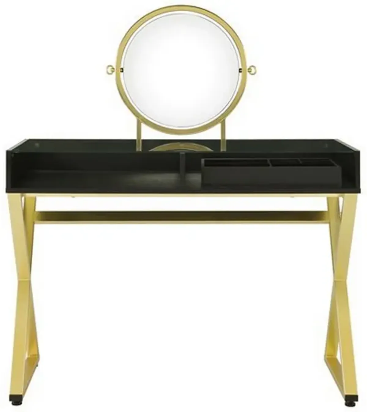 Vanity Desk with Round Mirror and Cross Metal Legs, Black and Gold-Benzara