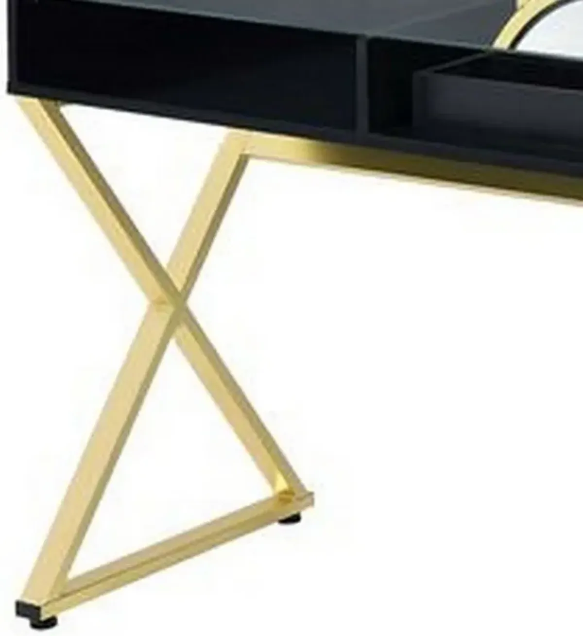 Vanity Desk with Round Mirror and Cross Metal Legs, Black and Gold-Benzara