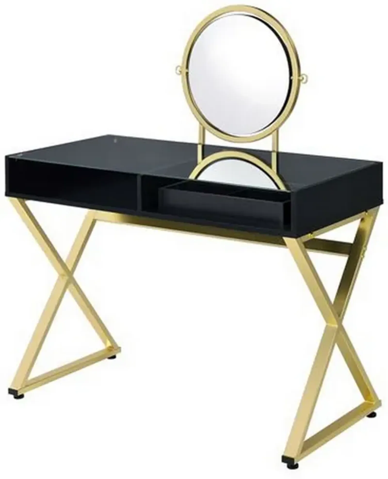 Vanity Desk with Round Mirror and Cross Metal Legs, Black and Gold-Benzara