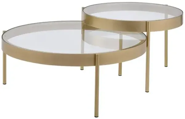 Contemporary Metal and Glass Round Nesting Table, Set of 2, Gold and Clear - Benzara