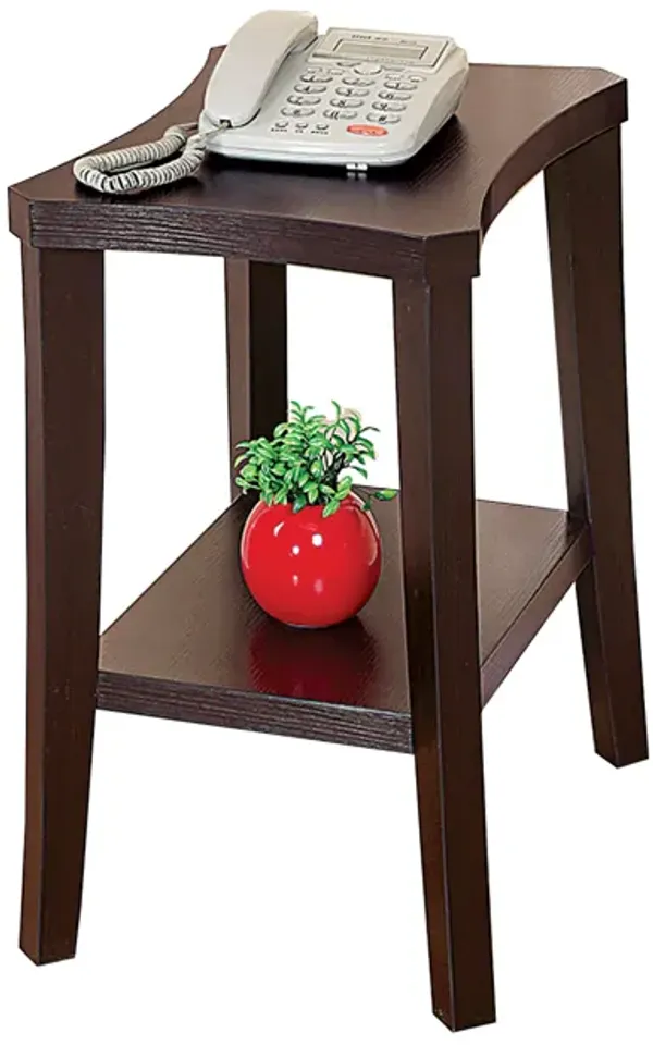 24 Inch Wood and Melamine Chairside Table, Curved Top, 1 Shelf,Cocoa Brown-Benzara