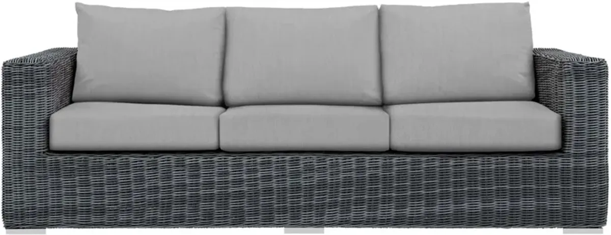 Ultimate Comfort and Quality: Summon Outdoor Patio Sofa - Two-Tone Rattan, Sunbrella Cushions, Aluminum Frame. Perfect for Patio, Backyard, Poolside.