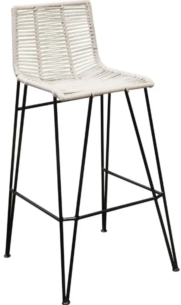 40 Inch Set of 2 Barstool Chairs, Black Metal Frames, White Cotton Rope - Benzara