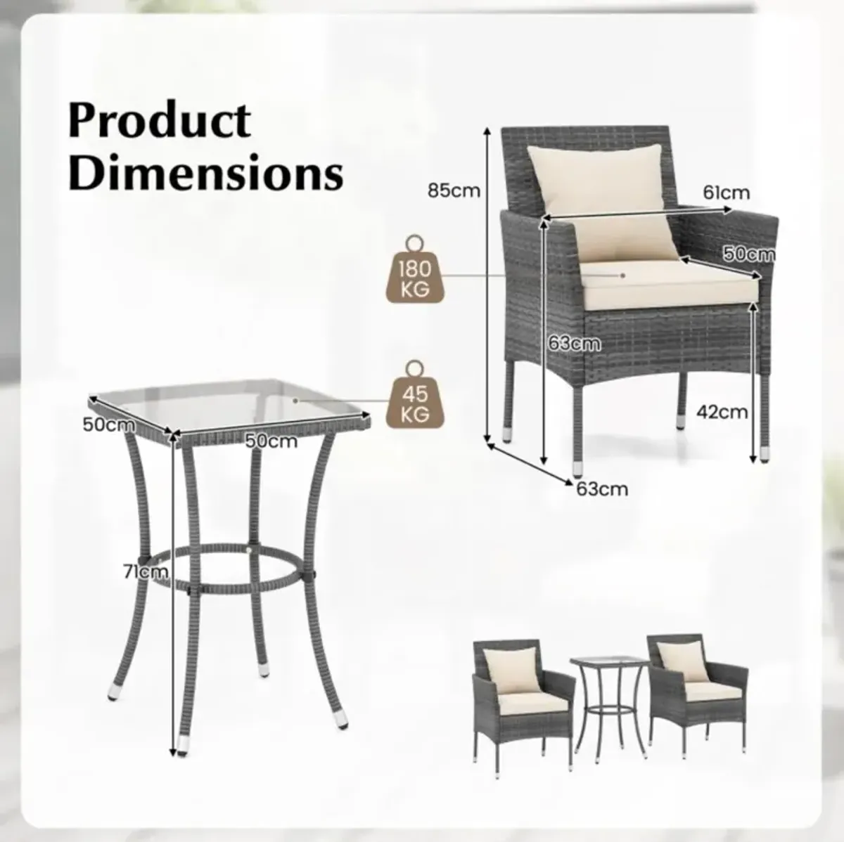 Hivvago 3 Pieces Patio Furniture Set with Cushioned Patio Chairs and Tempered Glass Coffee Table