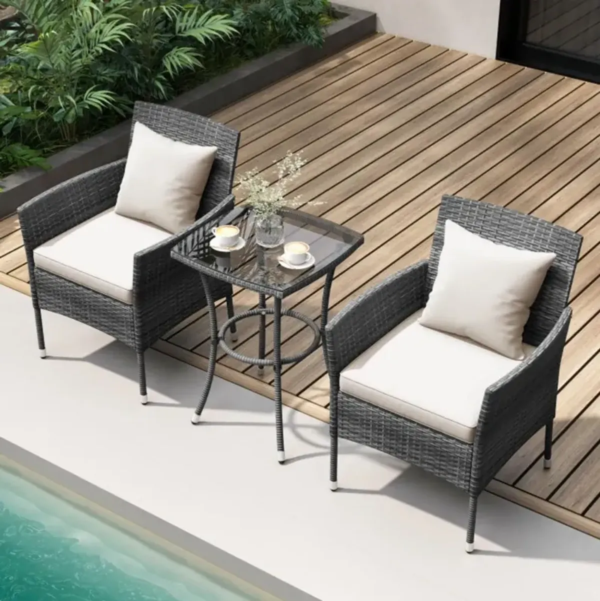 Hivvago 3 Pieces Patio Furniture Set with Cushioned Patio Chairs and Tempered Glass Coffee Table