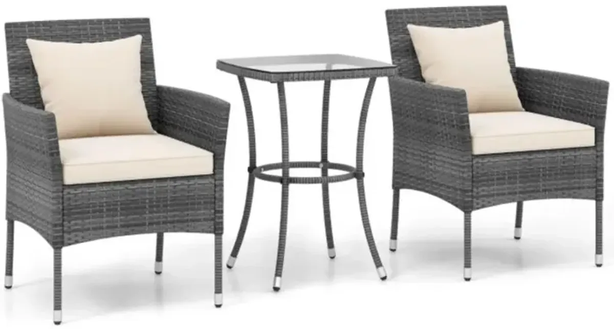 Hivvago 3 Pieces Patio Furniture Set with Cushioned Patio Chairs and Tempered Glass Coffee Table