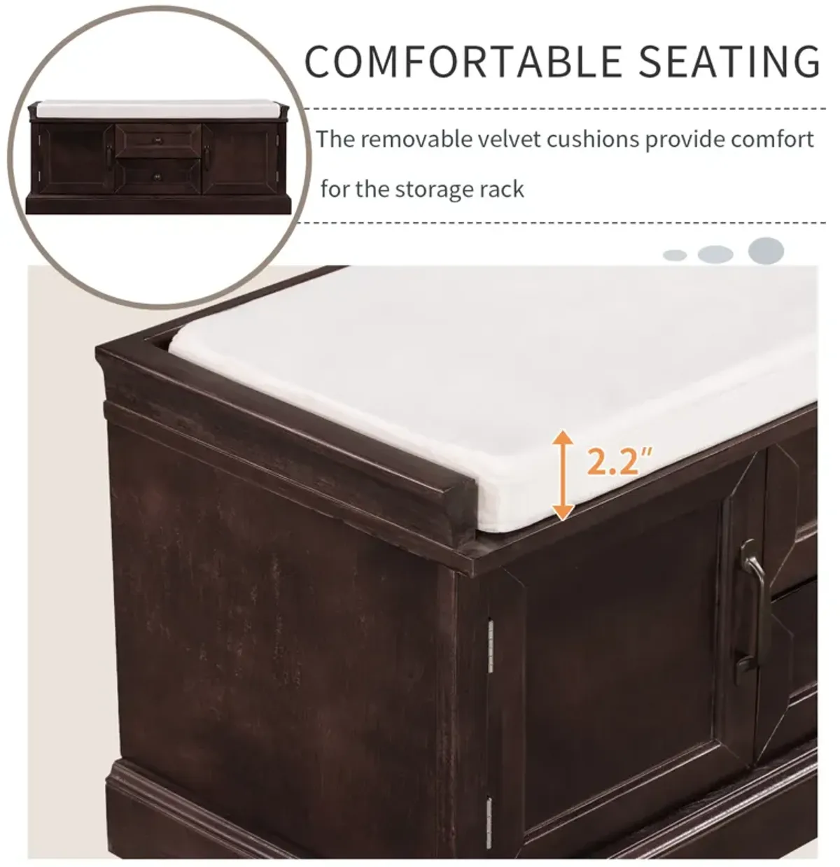 Storage Bench With 2 Drawers And 2 Cabinets, Shoe Bench With Removable Cushion For Living Room