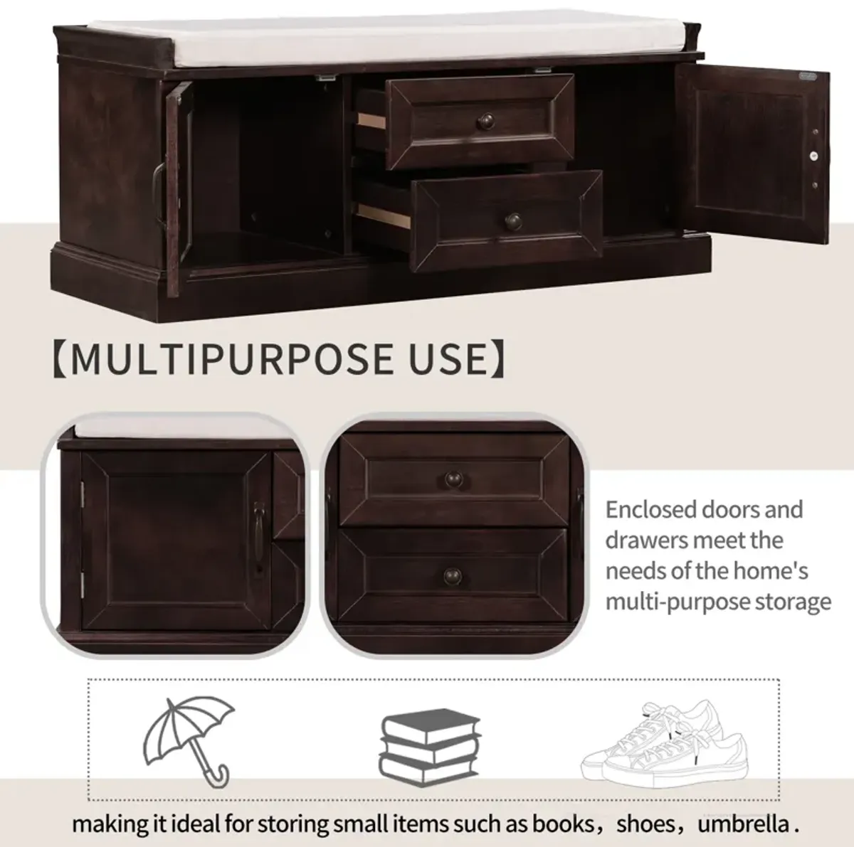 Storage Bench With 2 Drawers And 2 Cabinets, Shoe Bench With Removable Cushion For Living Room