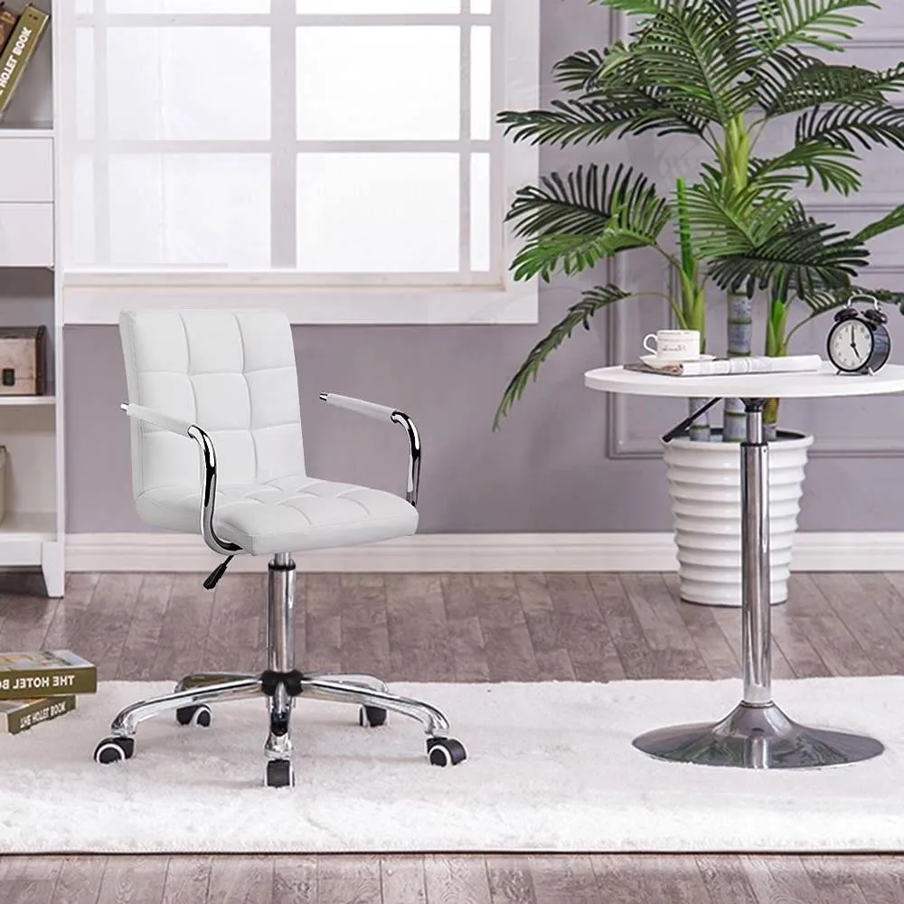 Hivvago White Modern Faux Leather Mid-Back Swivel Office Chair with Armrests and Wheels