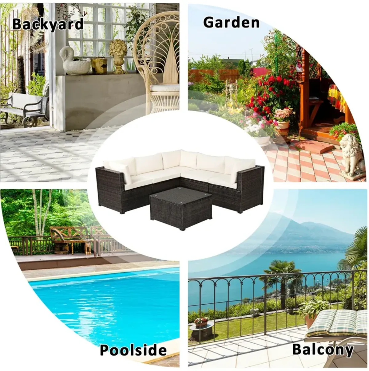 6 Pieces Patio Rattan Furniture Set Sectional Cushioned Sofa Deck