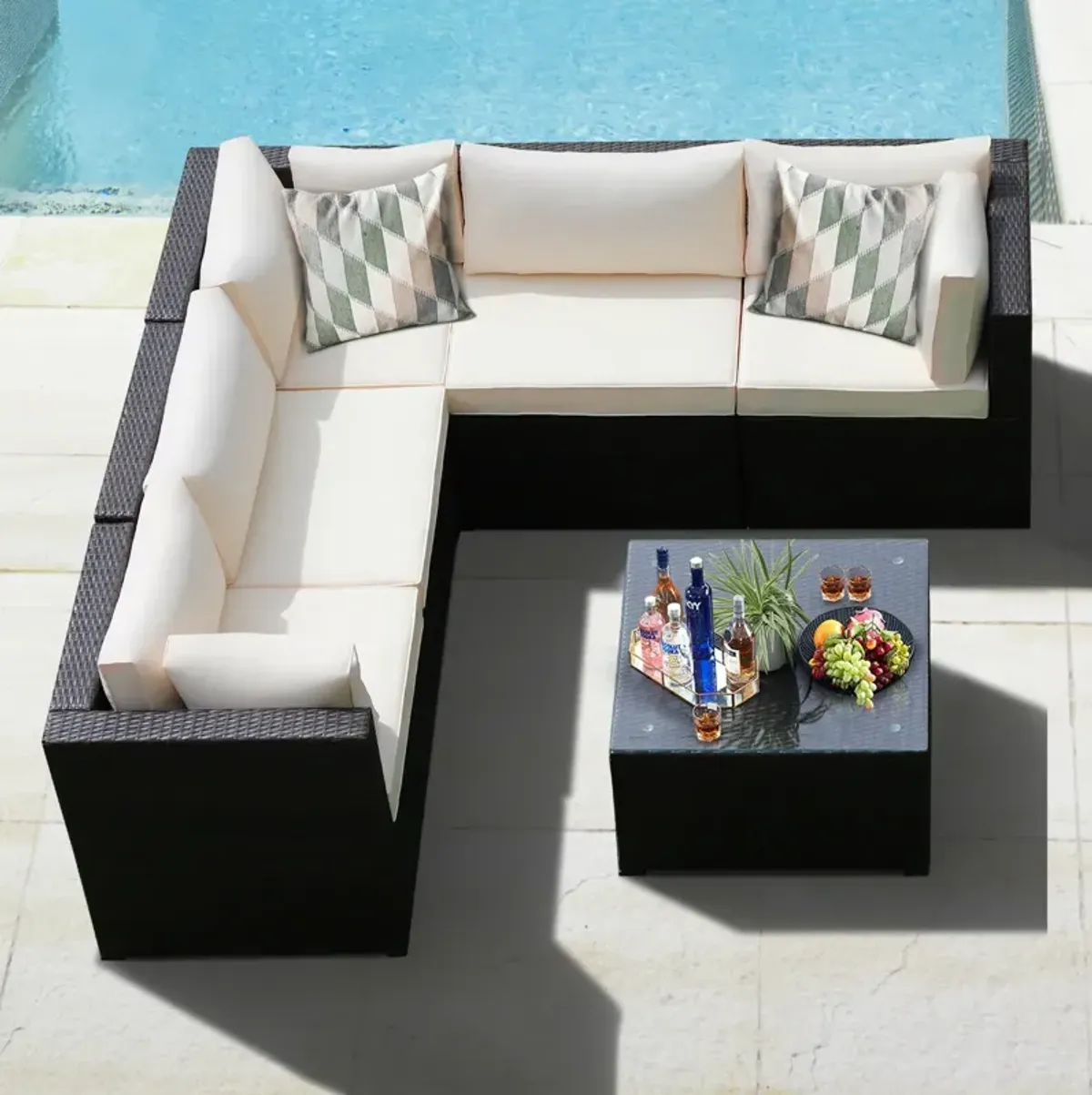 6 Pieces Patio Rattan Furniture Set Sectional Cushioned Sofa Deck