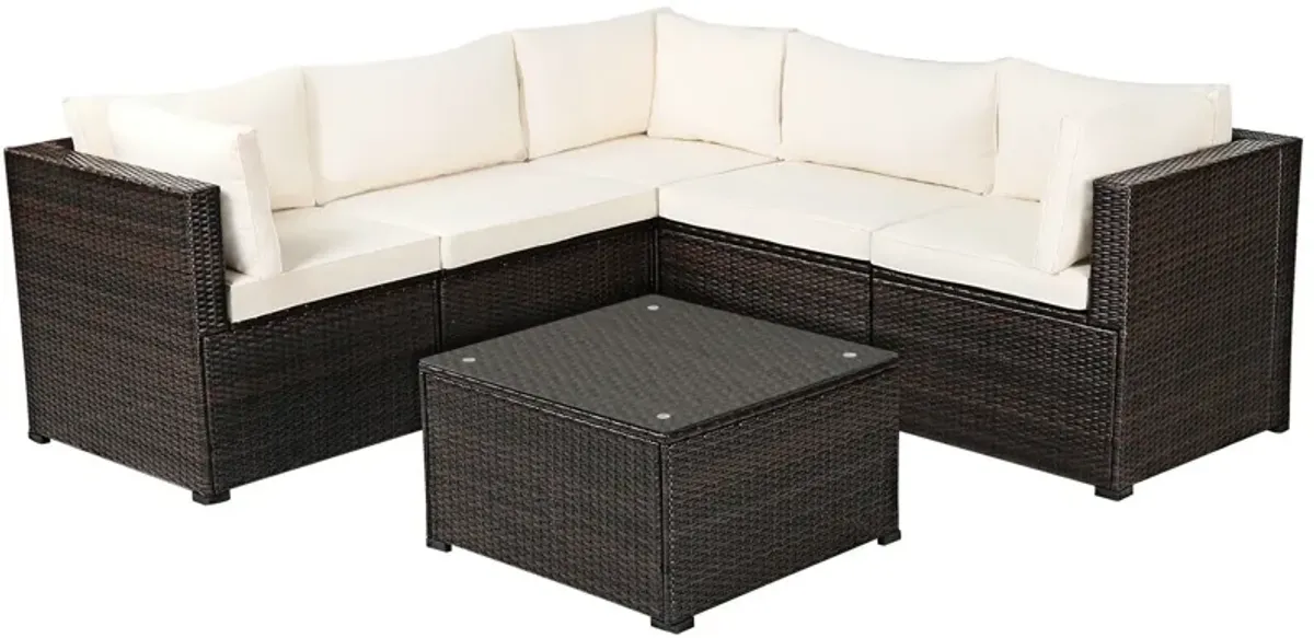 6 Pieces Patio Rattan Furniture Set Sectional Cushioned Sofa Deck