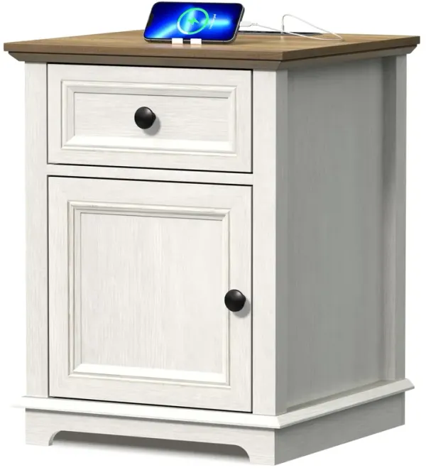 REDAYFUR End Table with Charging Station, Fast Charge, End Table with Drawer, Big Storage Side Table for Living Room/Bedroom, Wh