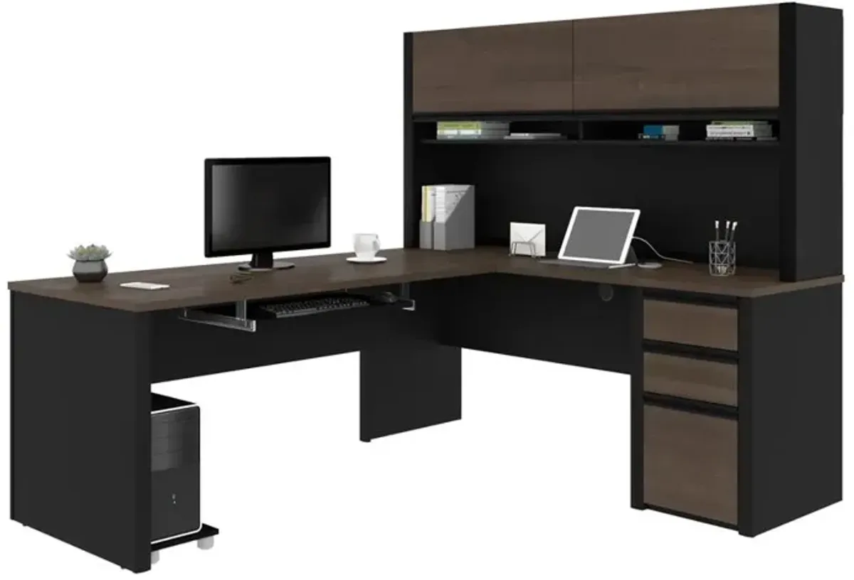 Bestar Connexion L-shaped workstation with hutch in Antigua & Black