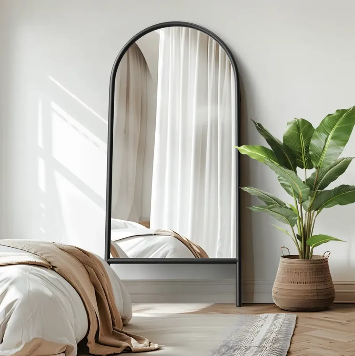 71*31 Ladder Arched Wood Framed Black Full-length Leaning Mirror