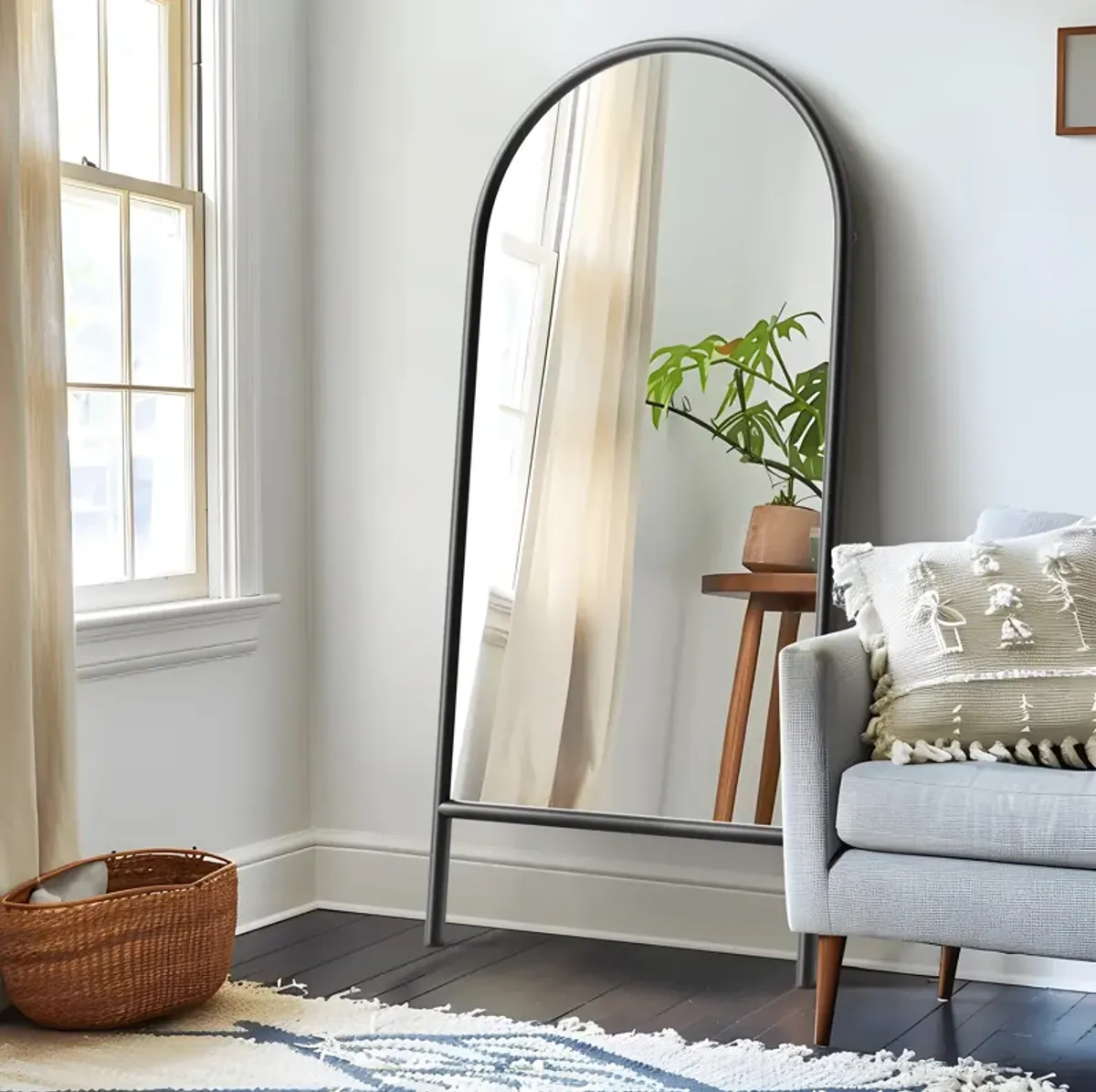 71*31 Ladder Arched Wood Framed Black Full-length Leaning Mirror