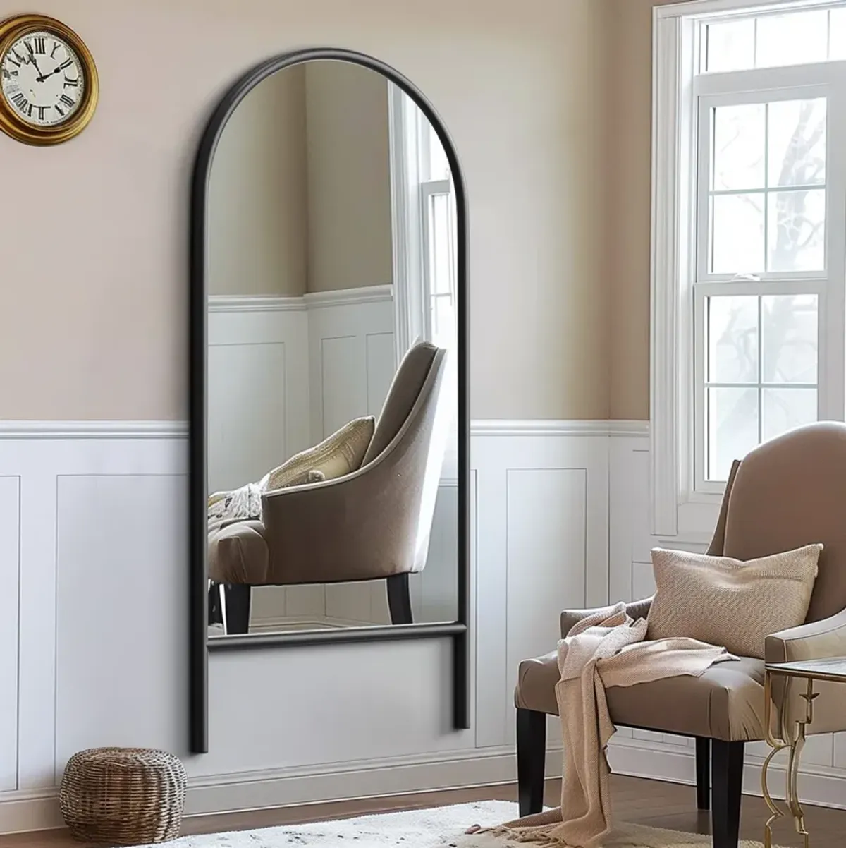 71*31 Ladder Arched Wood Framed Black Full-length Leaning Mirror