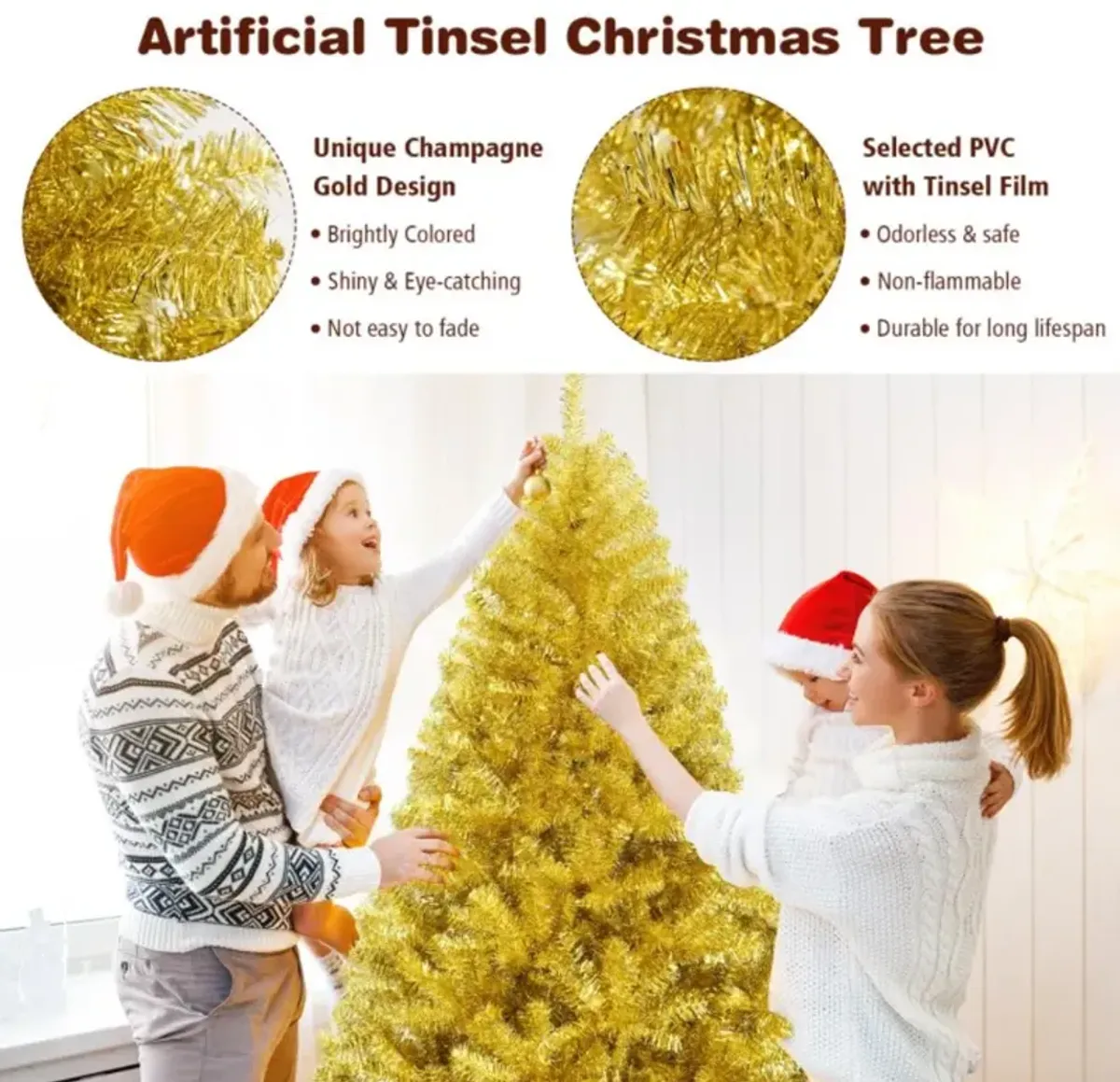 Hivvago 6/7.5 Feet Artificial Tinsel Christmas Tree Hinged with Foldable Stand