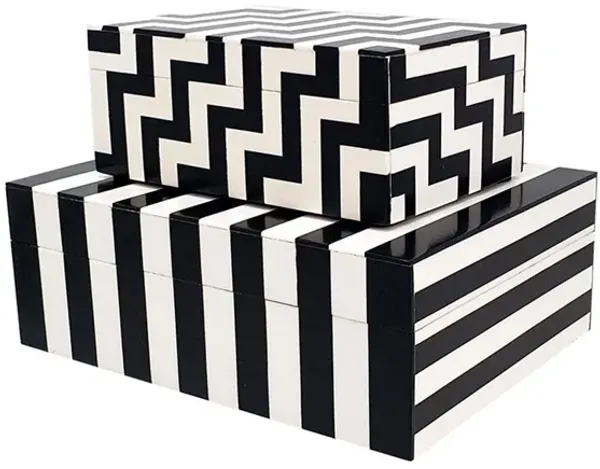 Anya Set of 2 Accessory Boxes, Multipurpose Lidded Storage, Black, White - Benzara