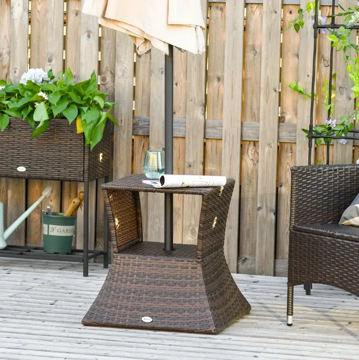 Mixed Brown Garden Table: 2-Tier Rattan Wicker Side Table with Umbrella Hole