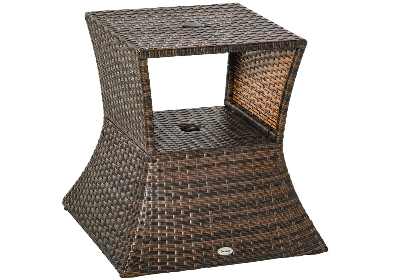 Mixed Brown Garden Table: 2-Tier Rattan Wicker Side Table with Umbrella Hole