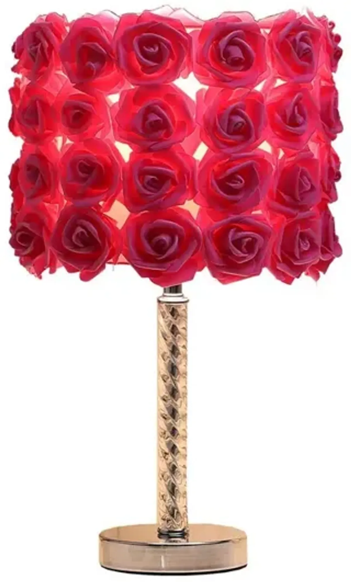 Bloom Roses Drum Shade Table Lamp with Twisted Acrylic Base, Red - Benzara